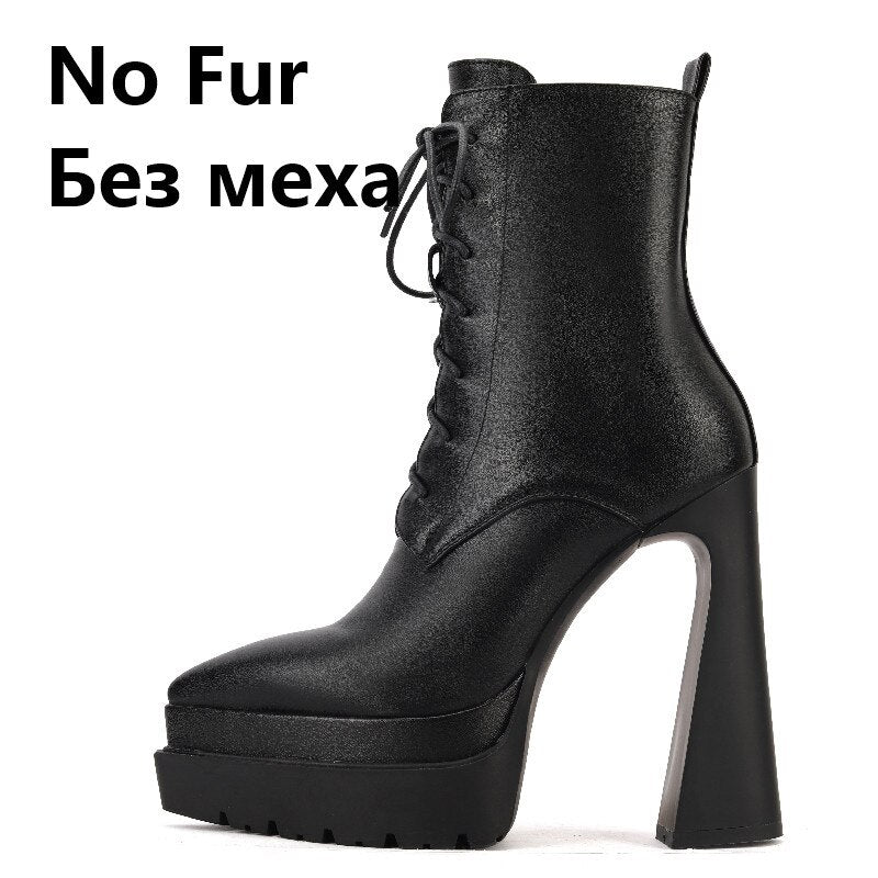 Autumn Winter Women Ankle Boots Elegant Office Ladies Party High Heels Pointed Toe Platforms Genuine Leather Shoes