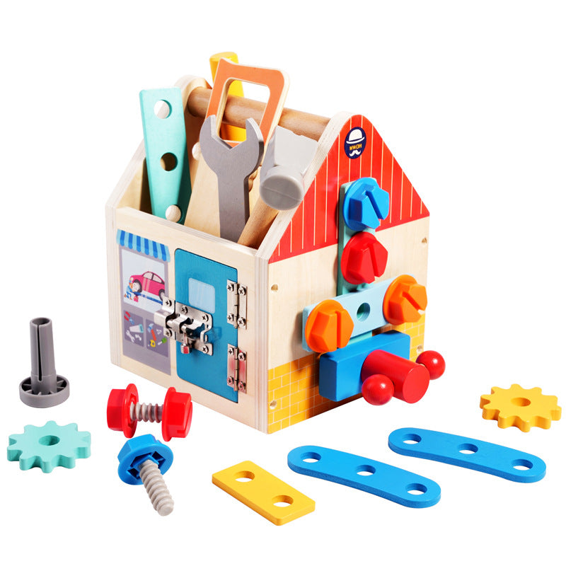 Children's wooden multifunctional toolbox, busy block, screw and nut removal, hand-held tool, blue puzzle toy