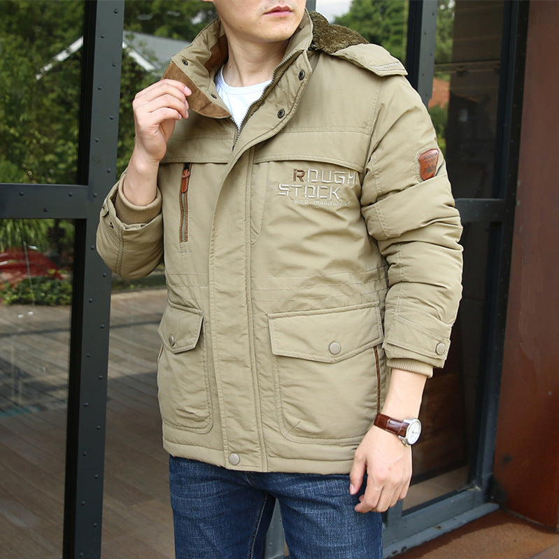 Winter men's thick cotton jacket with added fleece medium to long length warm plus large size multi pocket cotton jacket