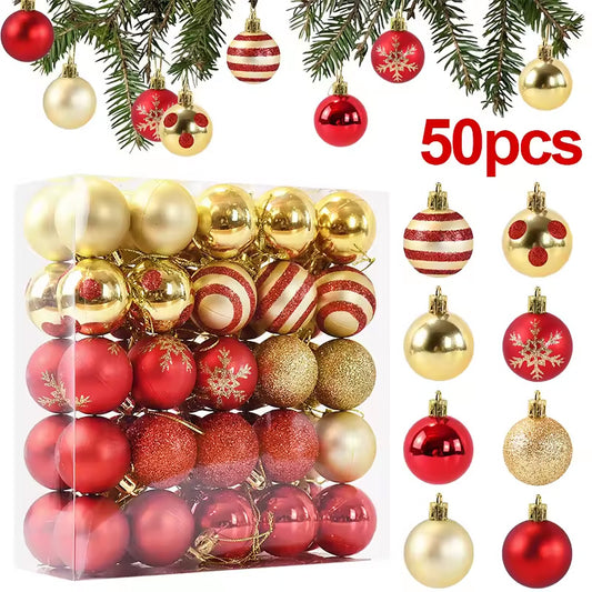 50 pcs/box: 2025 Gold Red Hanging Christmas Tree Ball Ornaments, 2026 Home Holiday Decorations & New Year Gifts