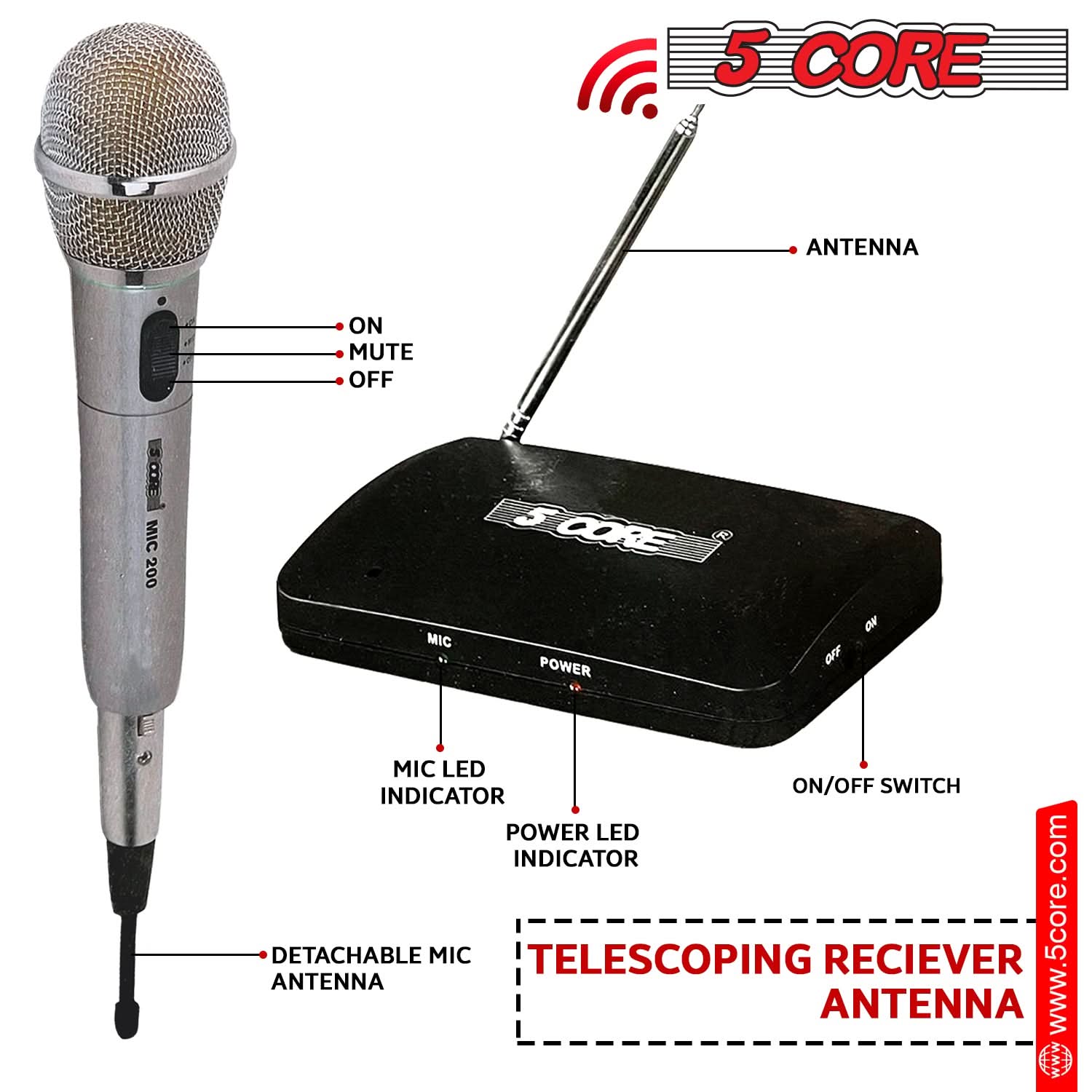5Core Wireless Microphone Dual Function Wireless - Wired Microphone Microfono Inalambrico-1