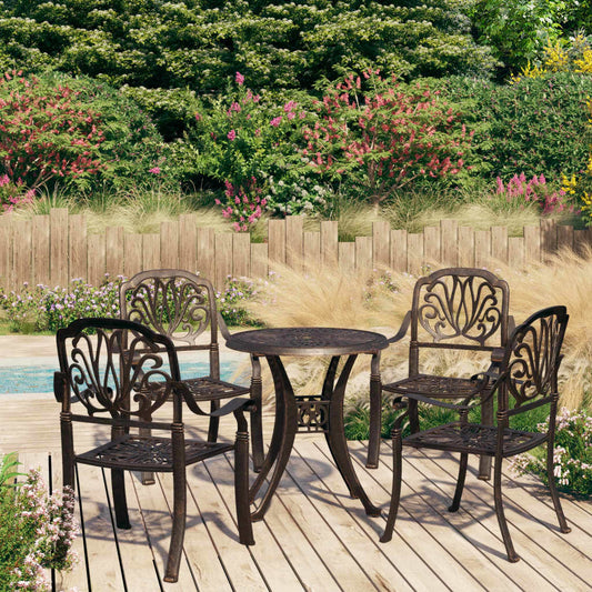 Outdoor 5-piece bistro set by American Smart with cast aluminum bronze finish, includes table and four chairs for patio dining.