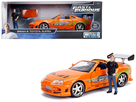 Toyota Supra Orange Metallic with Brian Diecast Figurine "Fast & Furious" Movie 1/24 Diecast Model Car by Jada-0