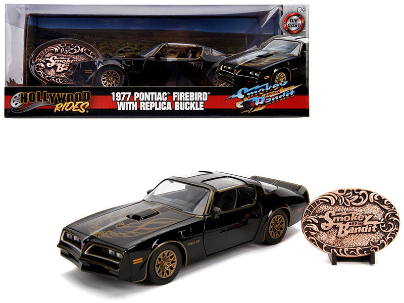 1977 Pontiac Firebird Trans Am Black with Replica Buckle "Smokey and the Bandit" (1977) Movie "Hollywood Rides" Series 1/24 Diecast Model Car by Jada-0