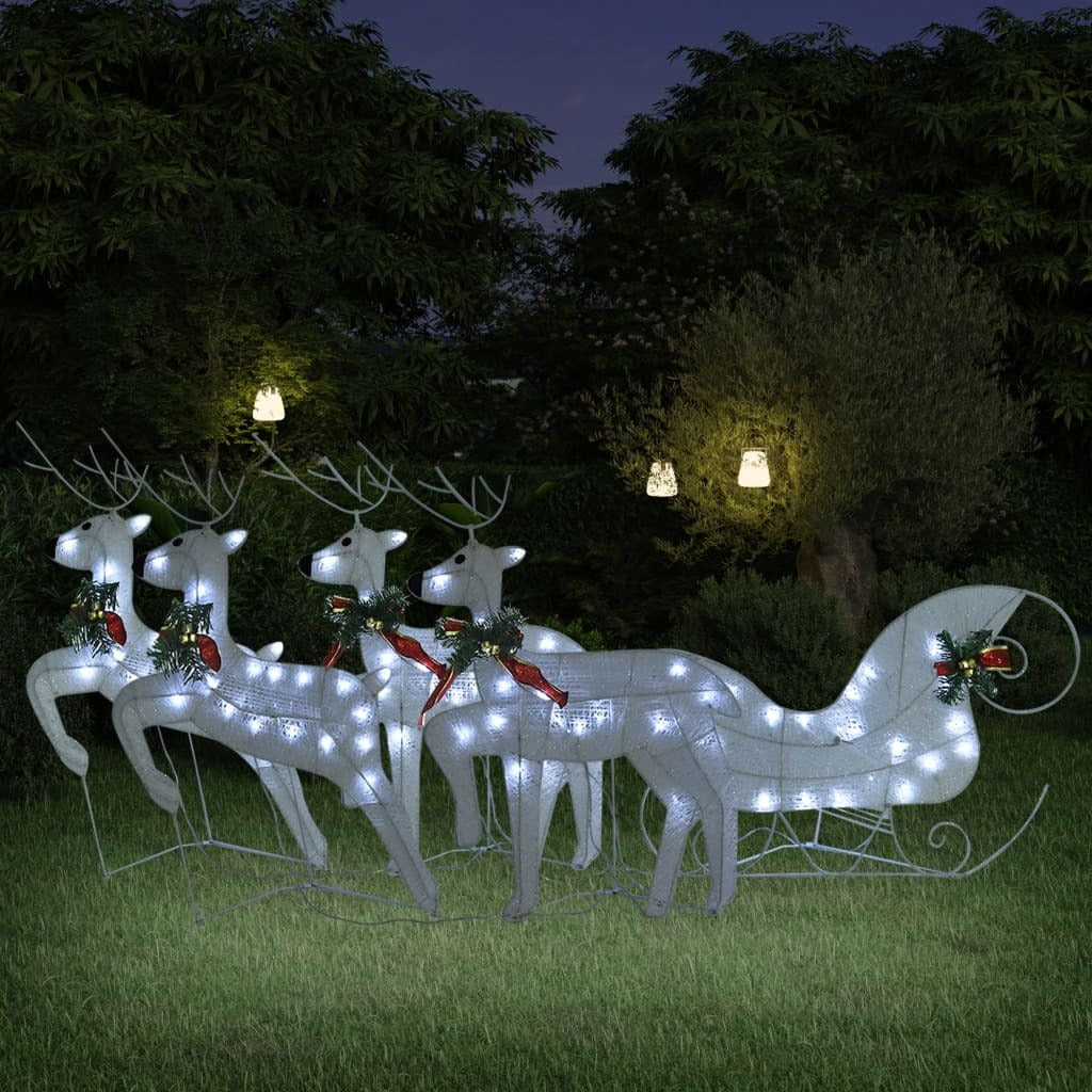 American Smart Reindeer and sleigh Christmas decoration with 100 white LEDs, outdoor holiday display for festive seasonal decor.