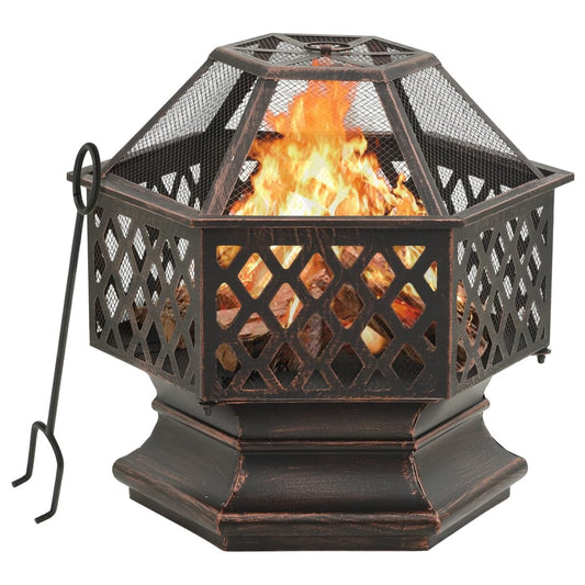 Rustic steel fire pit with poker, 24.4x21.3x22 inches, American Smart outdoor fireplace for cozy fireside gatherings.