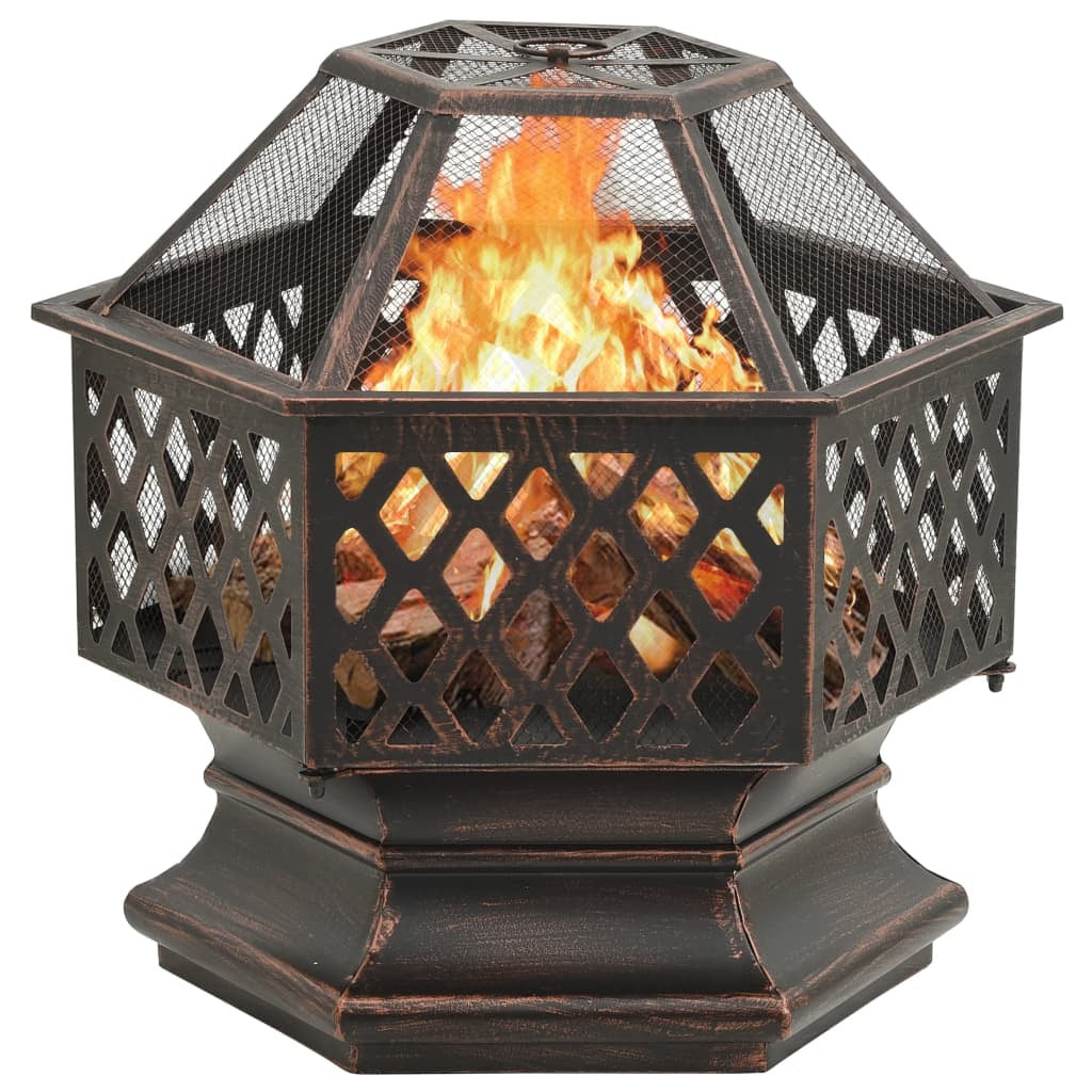 Rustic steel fire pit with poker, measuring 24.4x21.3x22 inches, American Smart outdoor fireplace with sturdy construction