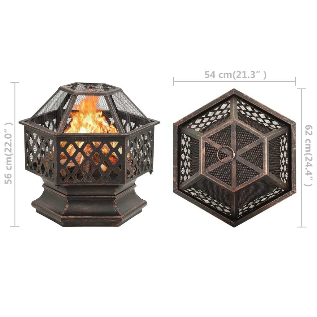 Rustic steel fire pit with poker, measuring 24.4x21.3x22 inches, American Smart XXL fireplace for outdoor heating and ambiance.
