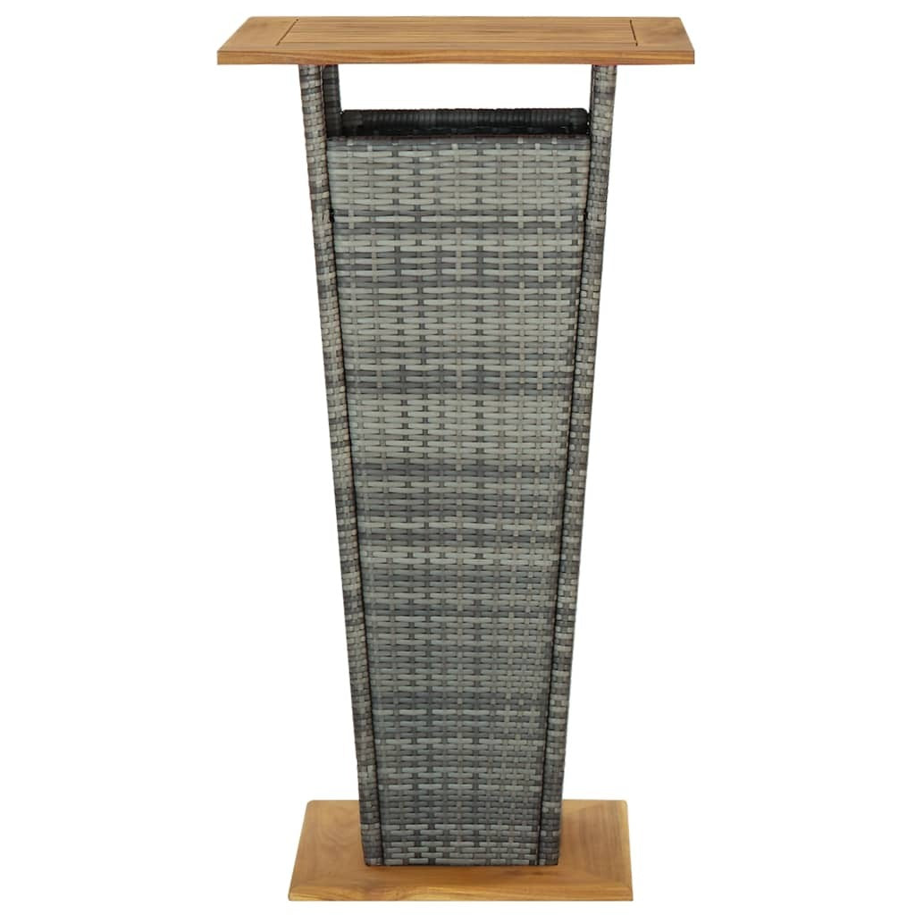 Outdoor gray bar table with 23.6-inch poly rattan top and solid acacia wood legs, perfect for patios and outdoor spaces.