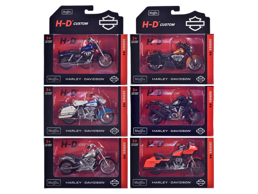 Six detailed Harley-Davidson Motorcycles Series 44 1/18 diecast models by Maisto displayed in a set.