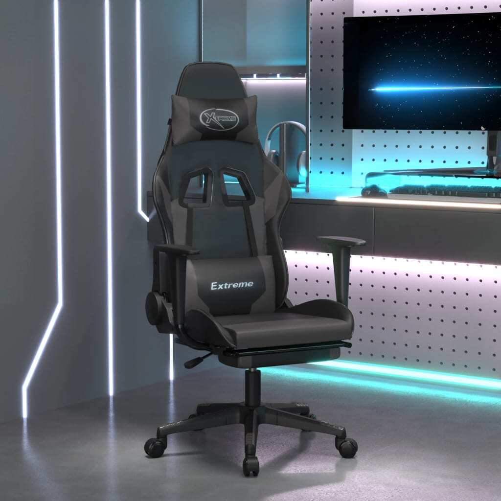 Gaming Chair Black and Grey Faux Leather, Metal, Plywood, Foam