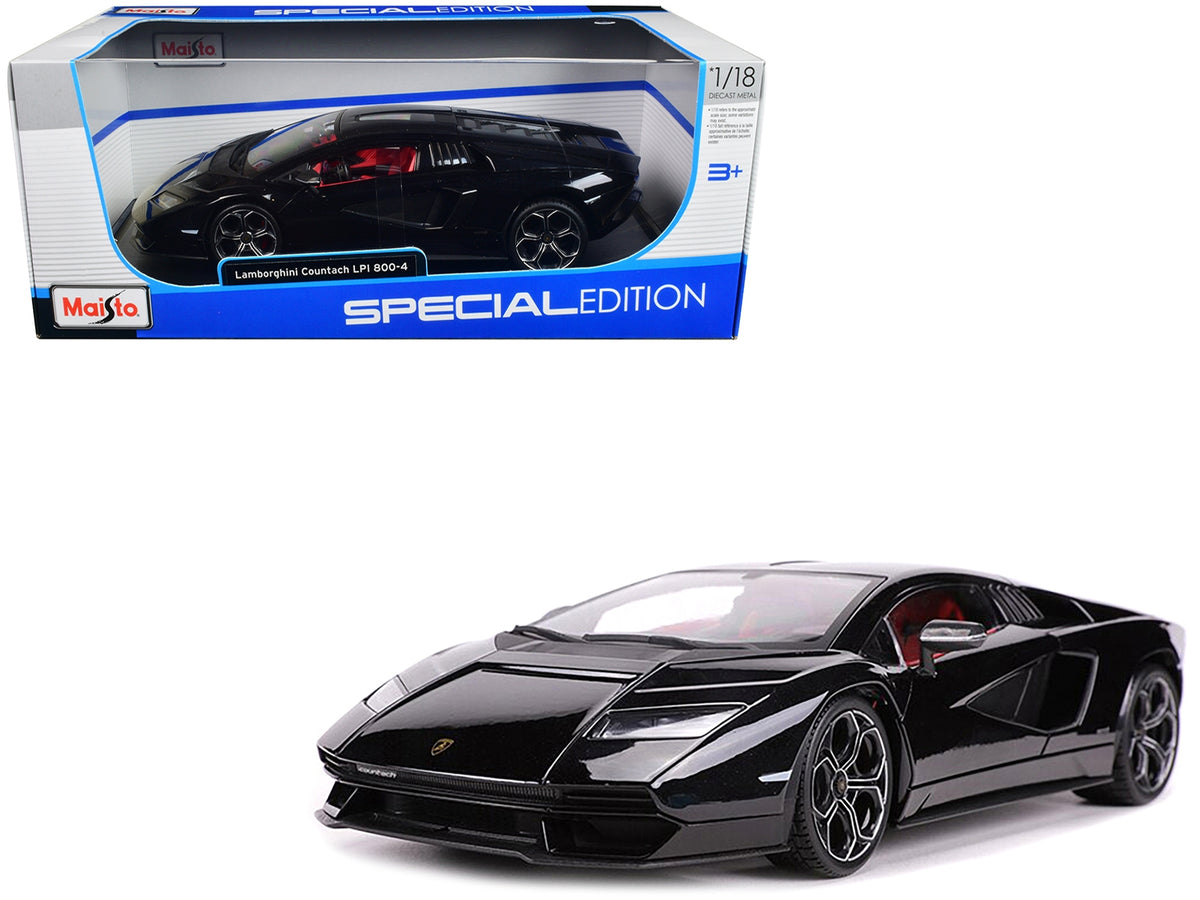 Black Lamborghini Countach LPI 800-4 diecast model car with red interior, 1/18 scale, by Maisto, special edition collectible.