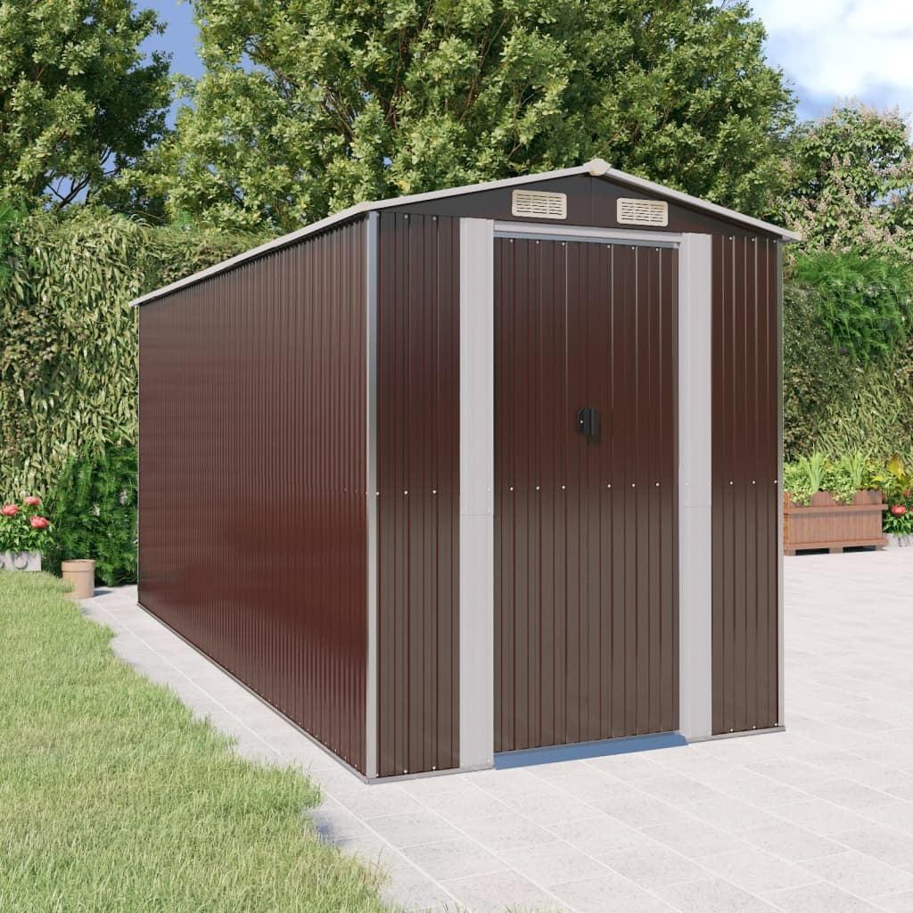 Dark brown American Smart outdoor garden shed made of galvanized steel, measuring 75.6" x 173.2" x 87.8" for outdoor storage.