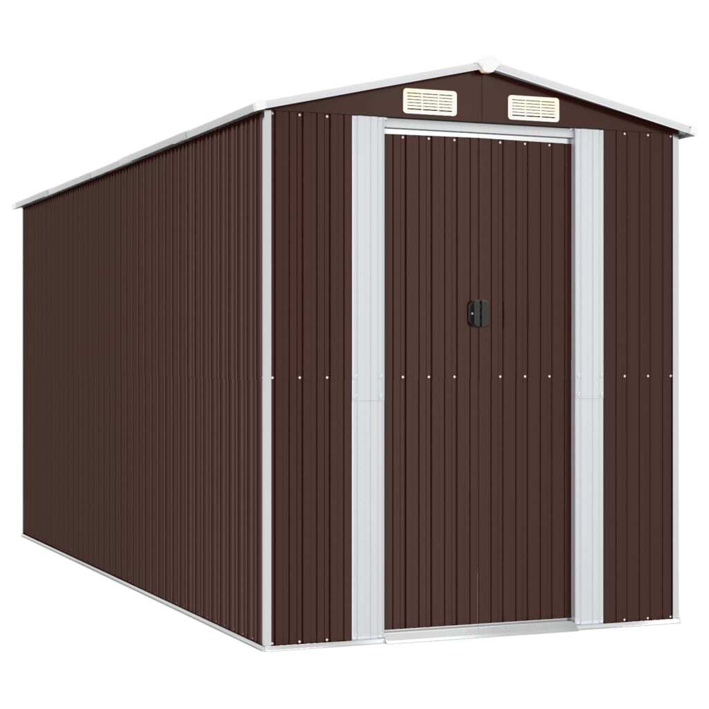 Dark brown galvanized steel garden shed from American Smart, outdoor storage solution, measuring 75.6"x173.2"x87.8".
