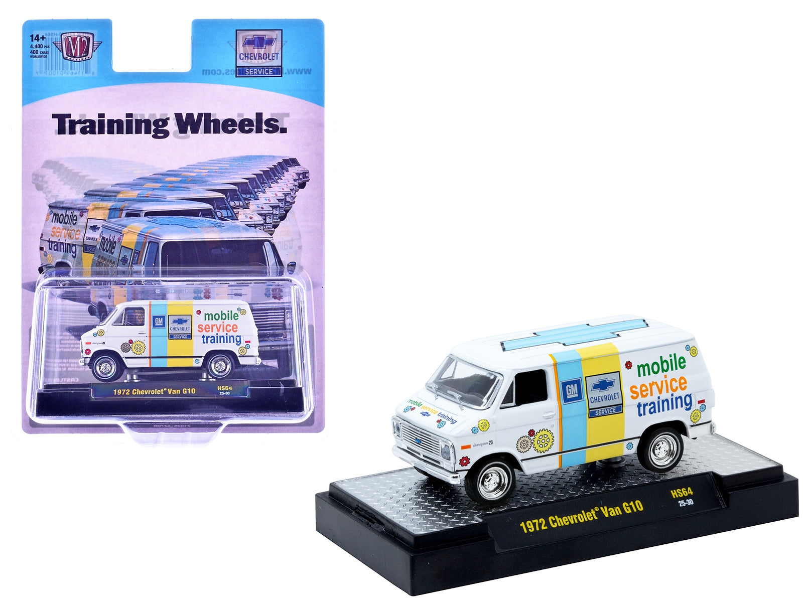 White 1/64 diecast Chevrolet G10 van model by M2 with "Chevrolet Mobile Service Training" graphics, limited edition of 4400 pieces.