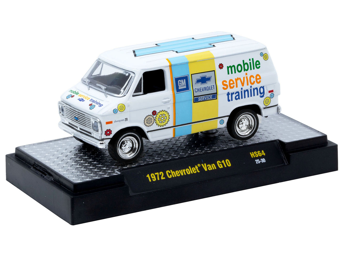 White 1972 Chevrolet G10 Van diecast model by M2 Machines with "Chevrolet Mobile Service Training" graphics, limited edition 1/64 scale