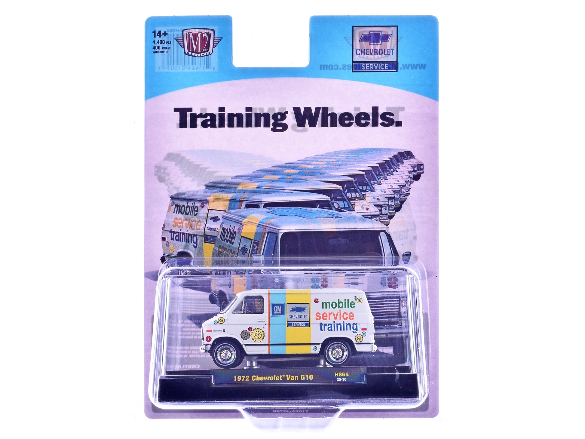White 1972 Chevrolet G10 Van diecast model by M2, featuring "Chevrolet Mobile Service Training" graphics, limited edition 1/64 scale.