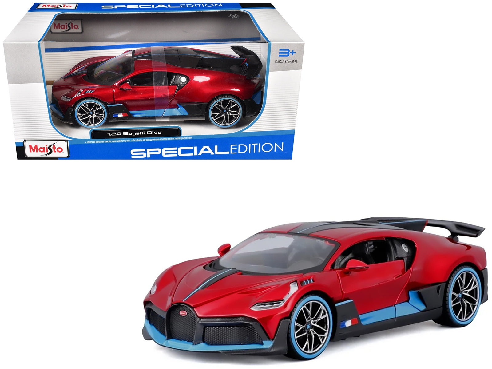 Red metallic Bugatti Divo diecast model car with carbon accents and blue details, 1/24 scale by Maisto.