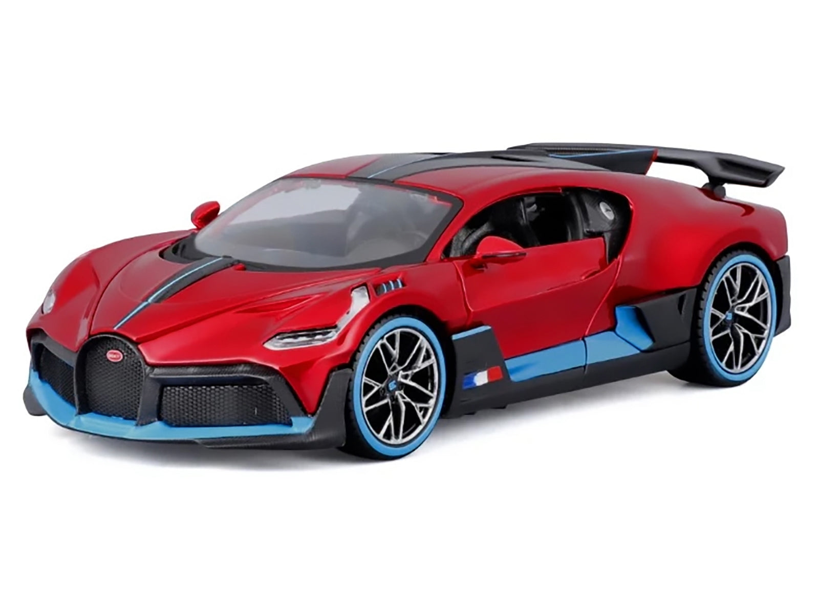 Red metallic Bugatti Divo 1/24 diecast model car by Maisto with carbon fiber details and blue accents, special edition collectible.