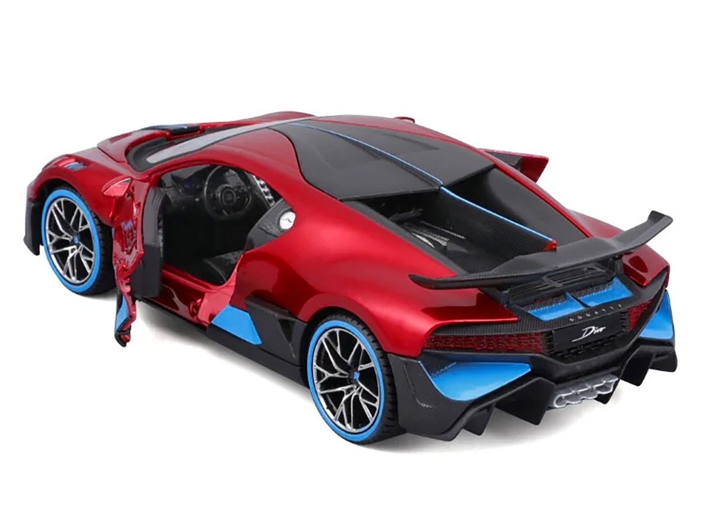 Red metallic Bugatti Divo diecast model car by Maisto with carbon details and blue accents, 1/24 scale, special edition.