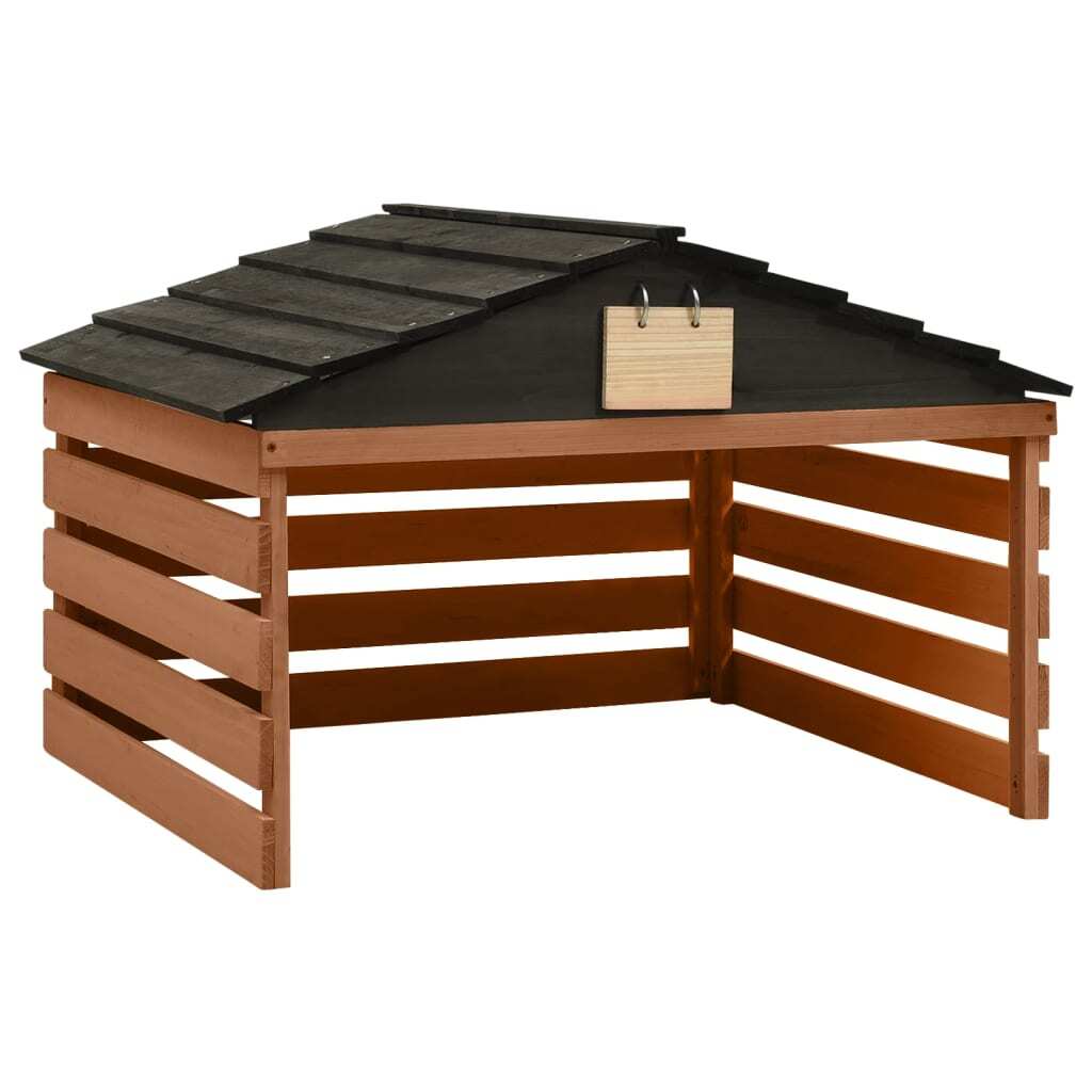 Black and brown robotic lawn mower garage in firwood with dimensions 30.7"x29.1"x21.3", designed for outdoor power equipment.