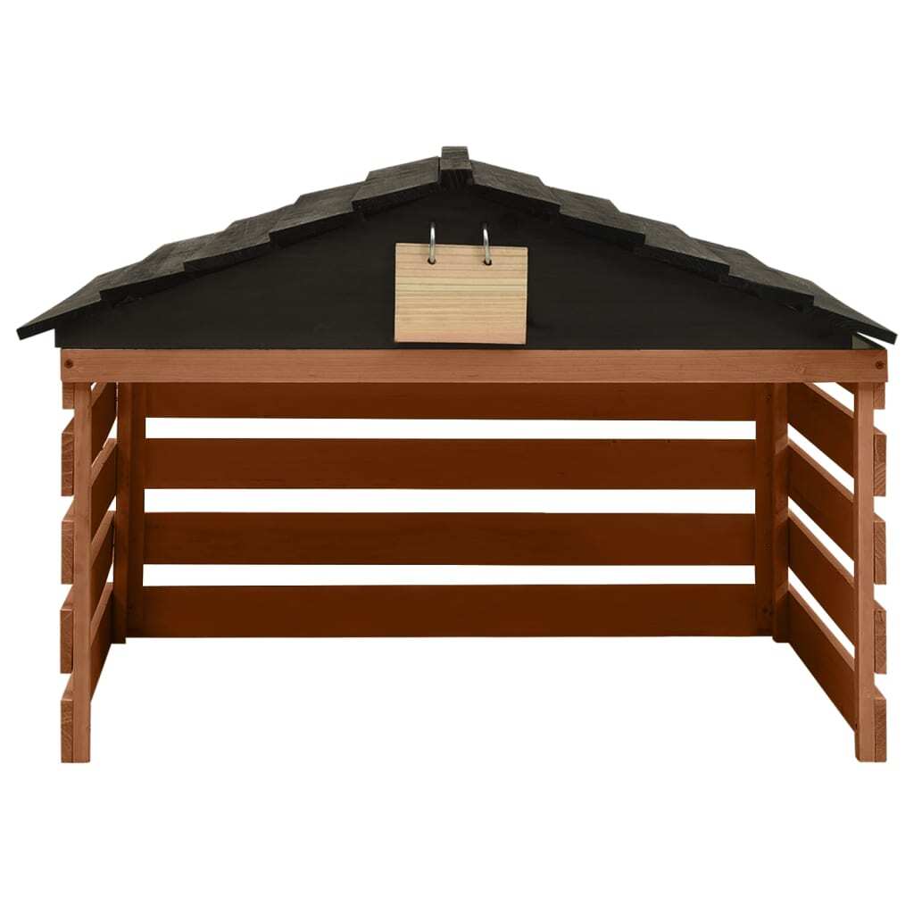 Black and brown robotic lawn mower garage in firwood, outdoor power equipment accessory by American Smart, measures 30.7"x29.1"x21.3".