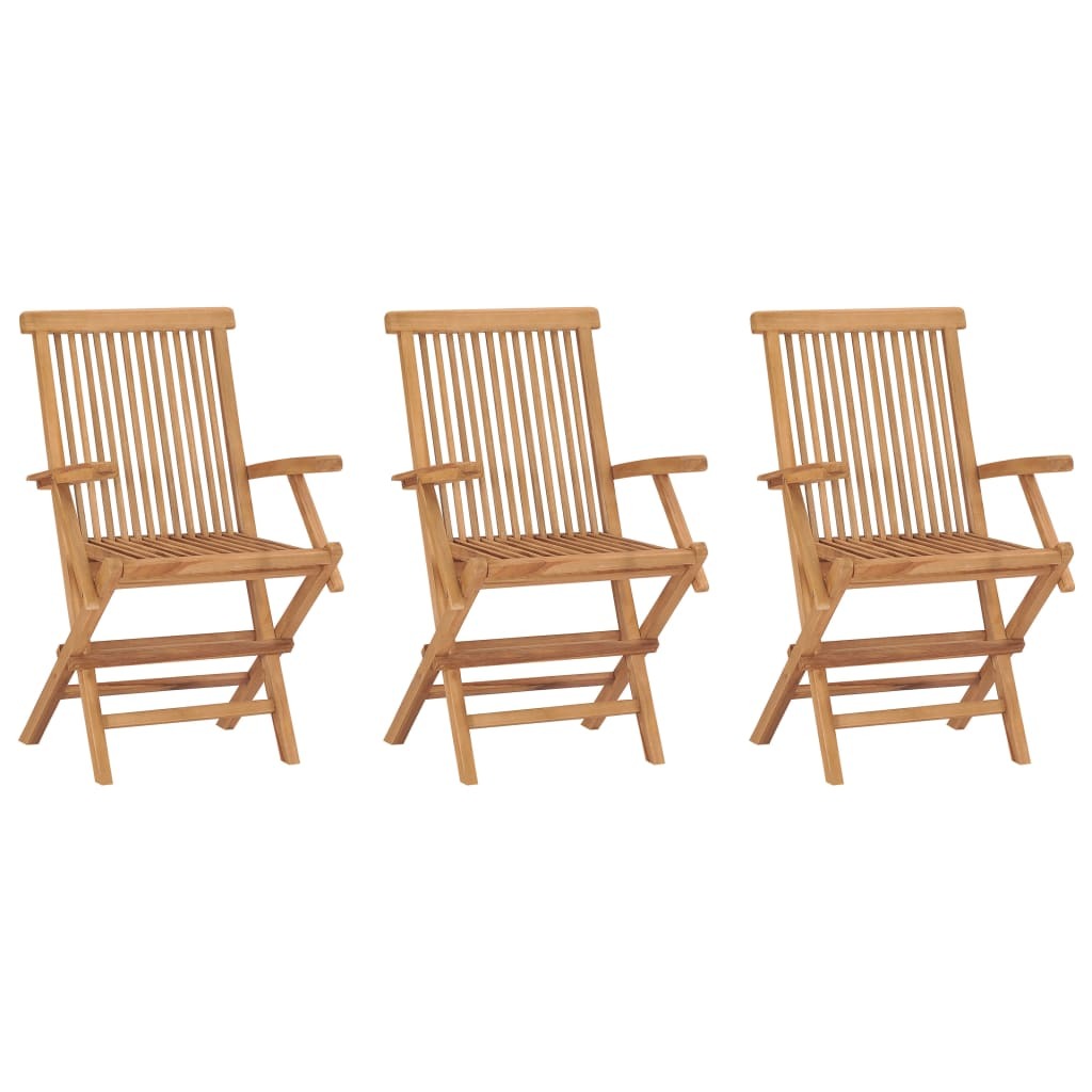 Set of three American Smart folding patio chairs made of solid teak wood, designed for outdoor seating and easy portability.