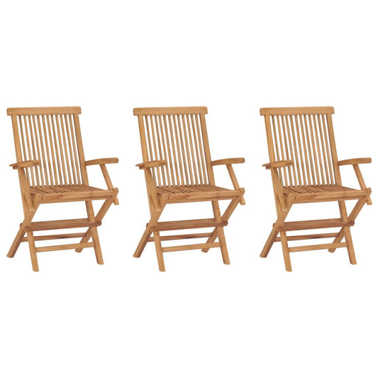 Set of three American Smart folding patio chairs made of solid teak wood, designed for outdoor seating and easy portability.