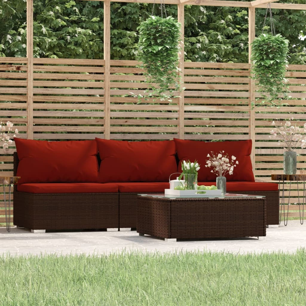 Brown poly rattan outdoor patio lounge set with four cushioned seats and matching coffee table by American Smart.