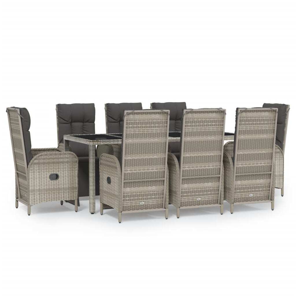 Garden Dining Set Gray PE Rattan, Powder-Coated Steel, Tempered Glass