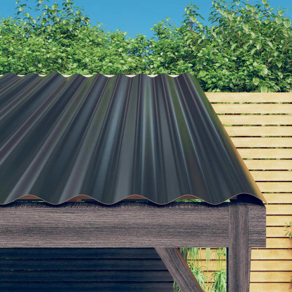 12-piece galvanized steel roof panels in anthracite with dimensions 39.4"x14.2", suitable for roofing projects by American Smart.