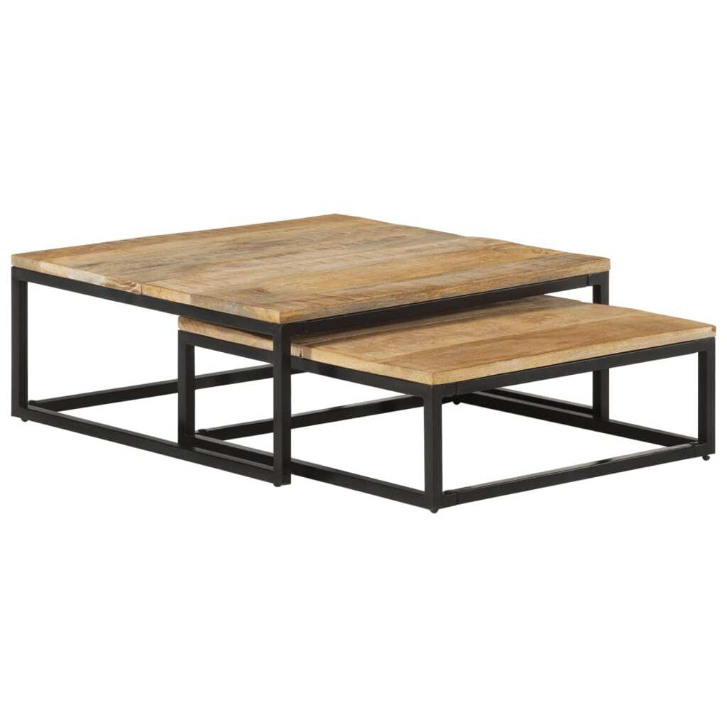Coffee Table Set of 2 Natural Mango Wood, Black