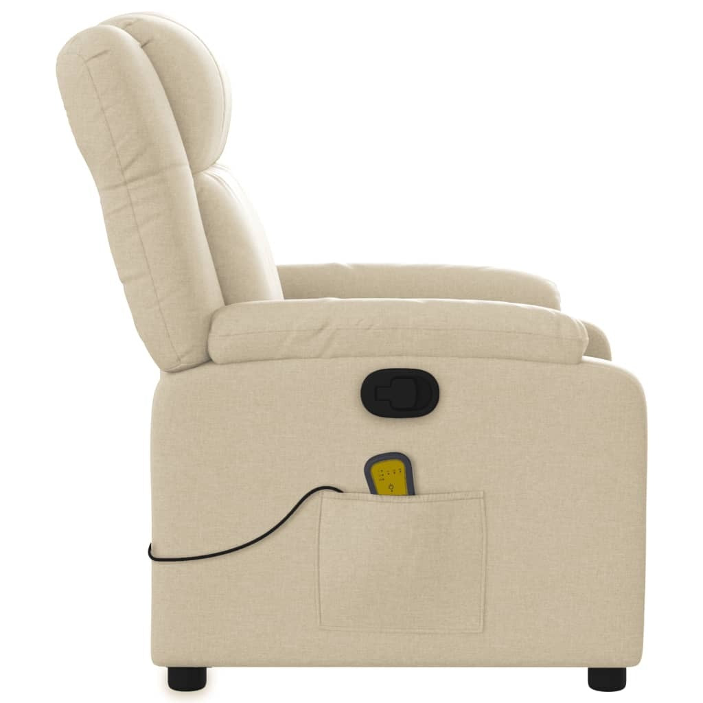American Smart massage recliner chair in cream fabric, featuring plush armrests and reclining mechanism for relaxation.