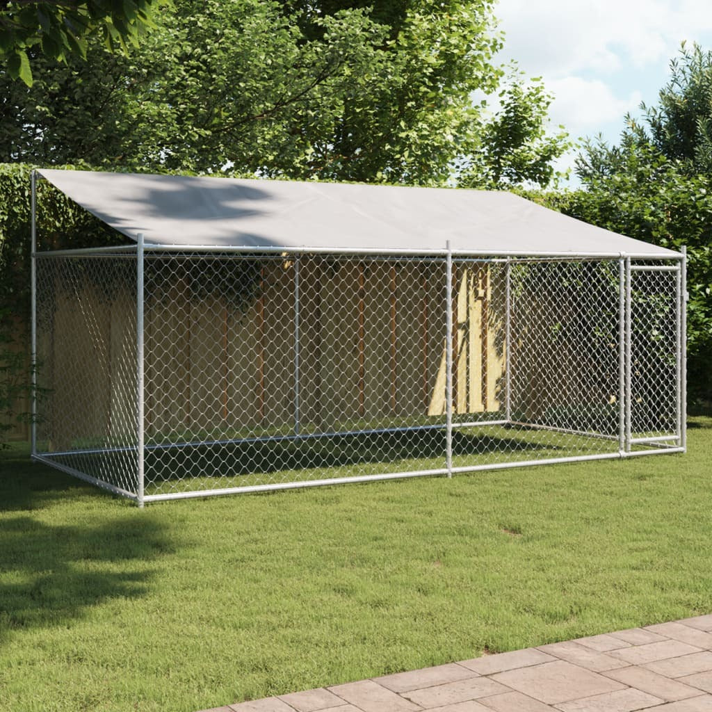 Gray galvanized steel dog cage with roof and door, measuring 13.1'x6.6'x6.6', ideal for dog supplies by American Smart.
