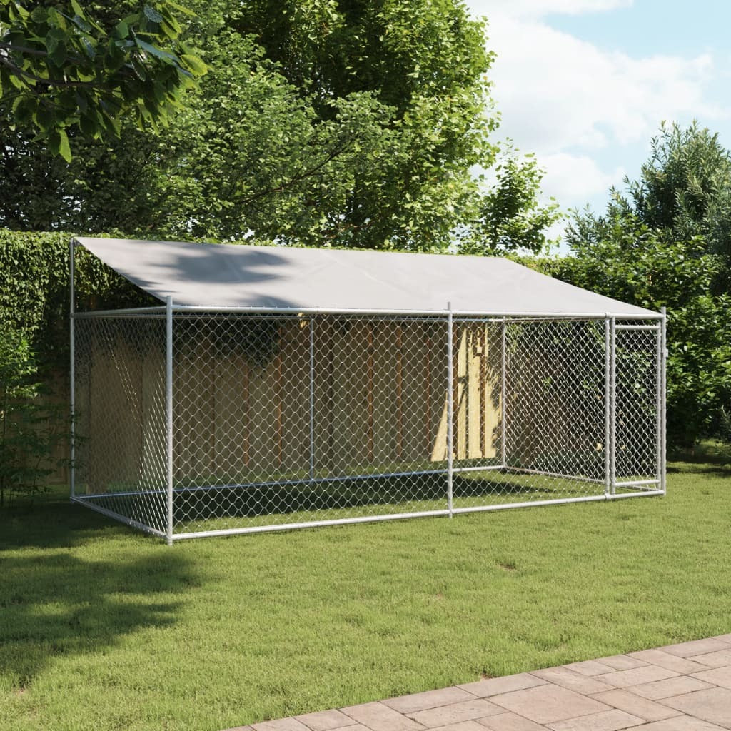 Gray galvanized steel dog cage with roof and door, measuring 13.1x6.6x6.6 feet, suitable for large pets by American Smart.