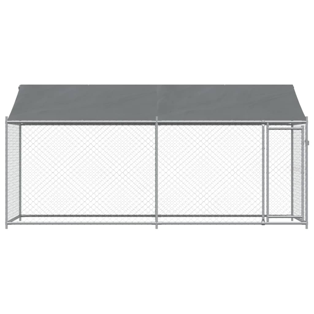 Gray galvanized steel dog cage with roof and door, measuring 13.1' x 6.6' x 6.6', suitable for large pets.
