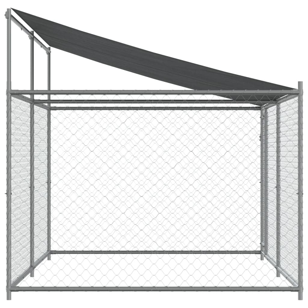 Gray galvanized steel dog cage with roof and door, measuring 13.1 by 6.6 by 6.6 feet, designed for pet safety and security.