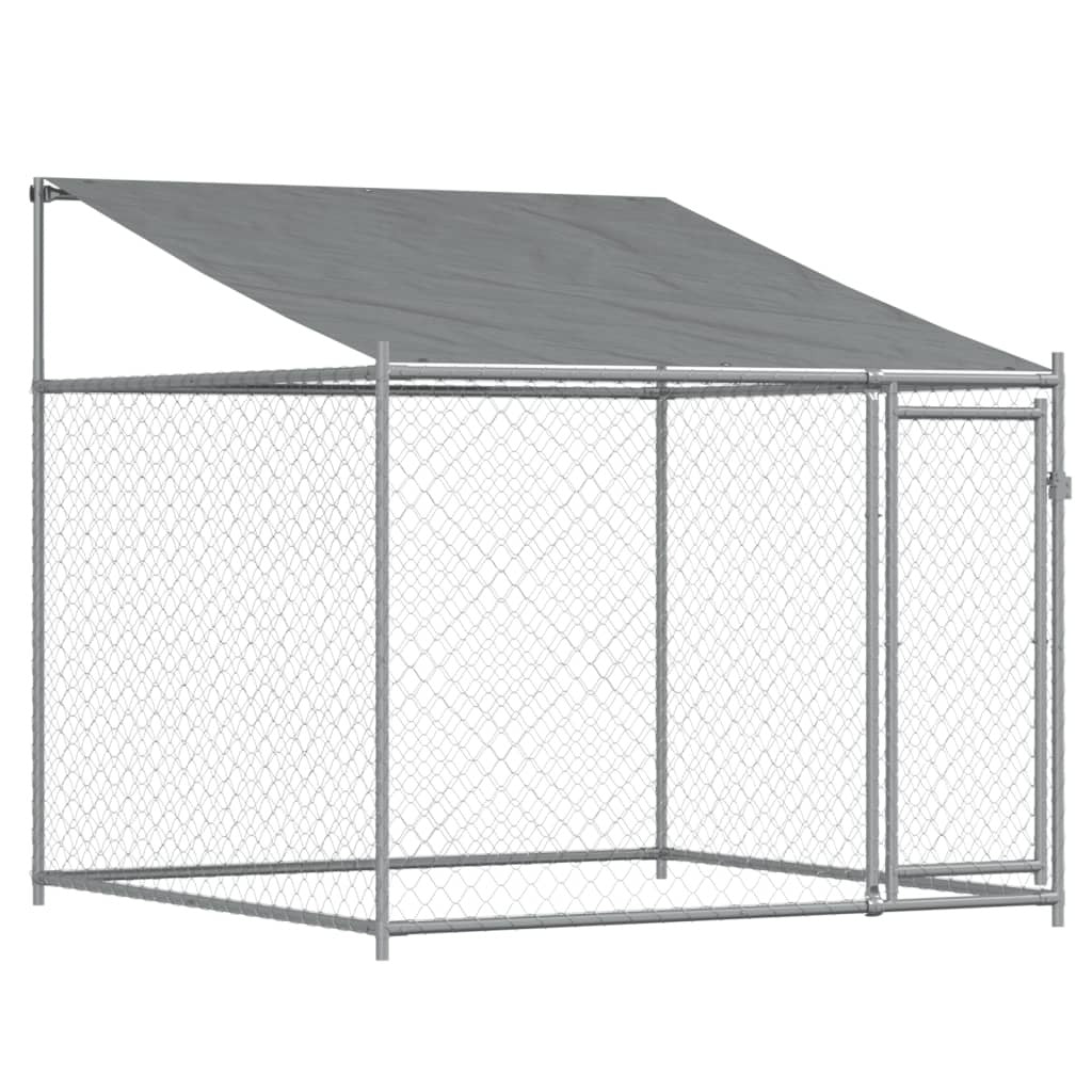Gray galvanized steel dog cage with roof and door, measuring 13.1x6.6x6.6 feet, designed for secure pet containment.
