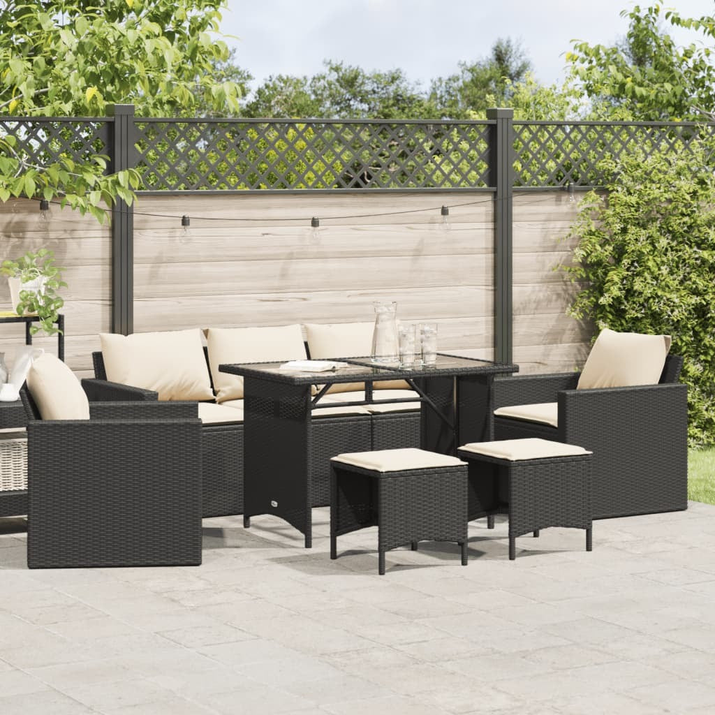 Black poly rattan 6-piece patio sofa set with cushions by American Smart, outdoor furniture set for relaxing outdoor space.