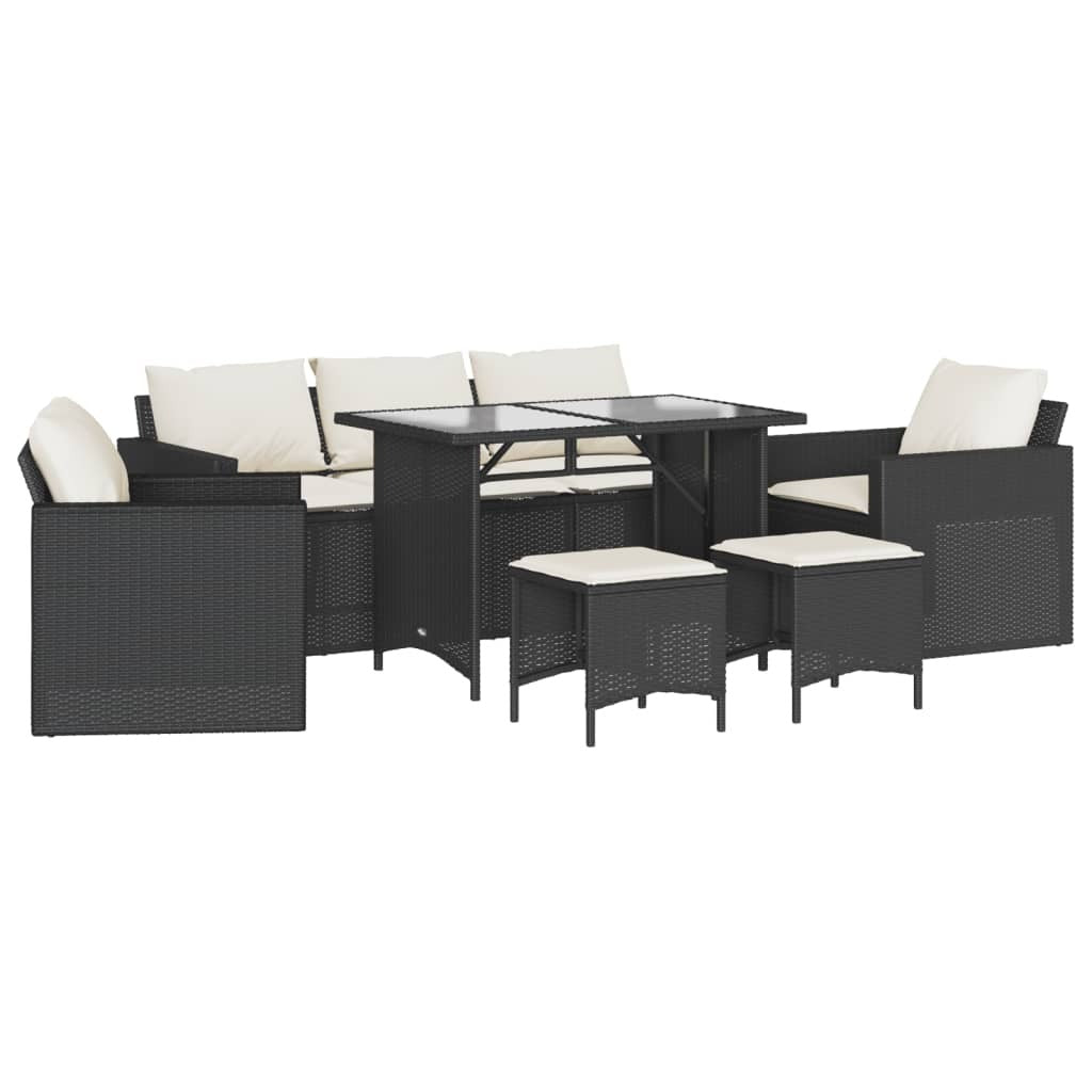 Black poly rattan outdoor patio sofa set with six cushioned seats and armrests, perfect for outdoor lounging and entertaining.