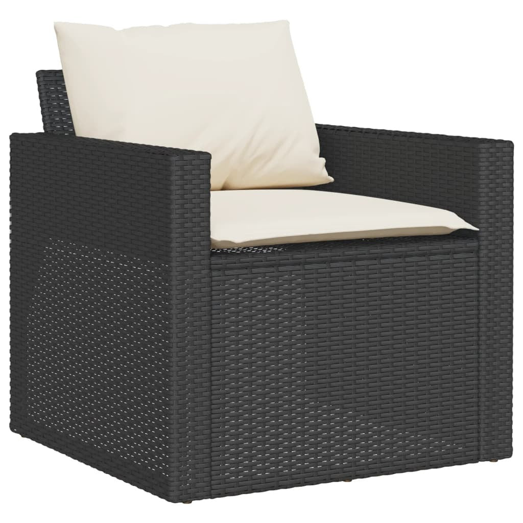 Black poly rattan outdoor patio sofa set with six cushioned seats and matching coffee table, American Smart outdoor furniture set.