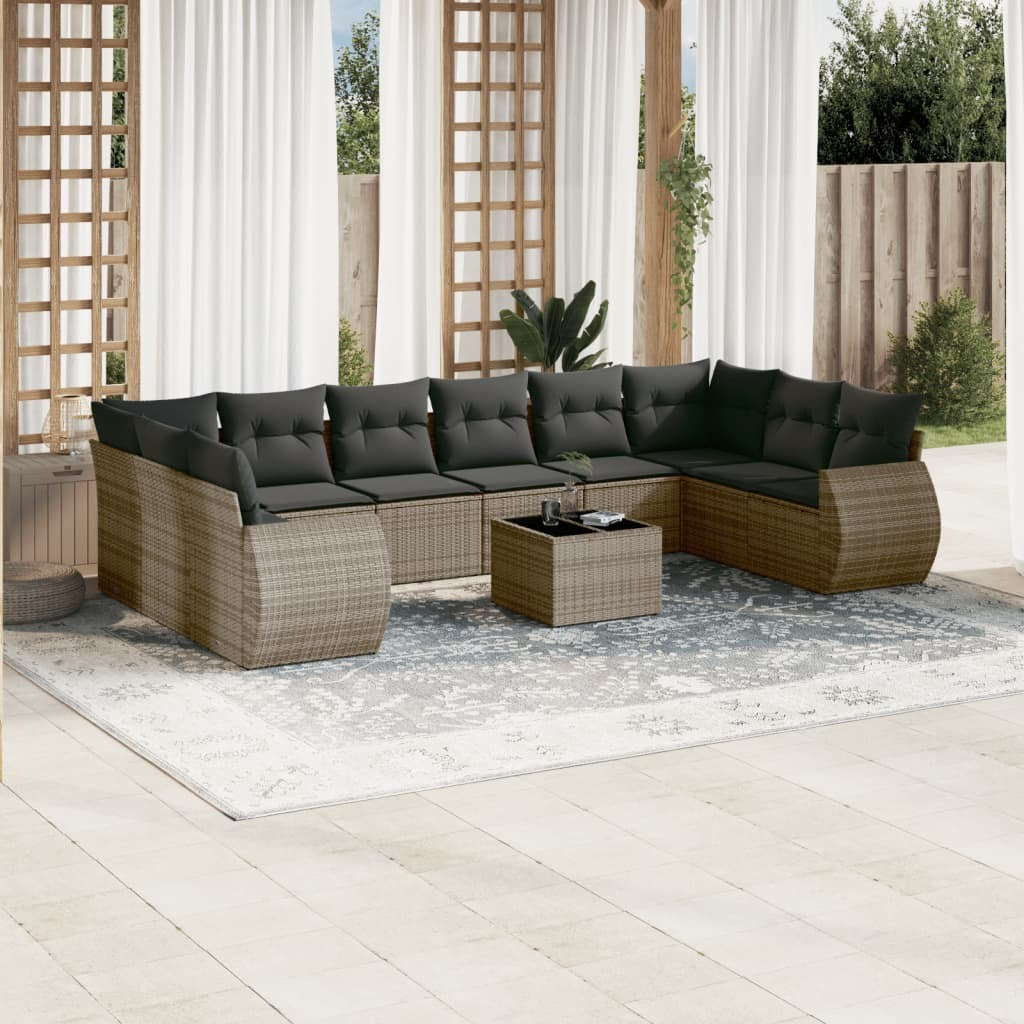 Outdoor Sofa Set Grey PE Rattan, Powder-Coated Steel, Tempered Glass