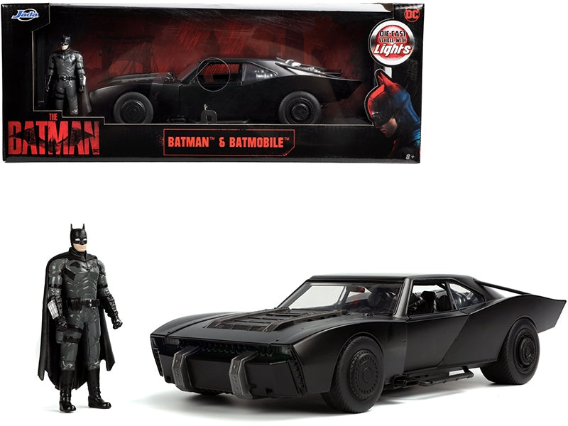 Matt black Batmobile with lights and Batman diecast figurine from the 2022 "The Batman" movie, 1/18 scale diecast model by Jada.