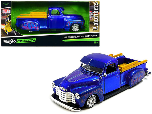 1950 Chevrolet 3100 Pickup Truck Lowrider Candy Blue with Graphics "Lowriders" Series 1/25 Diecast Model Car by Maisto-0