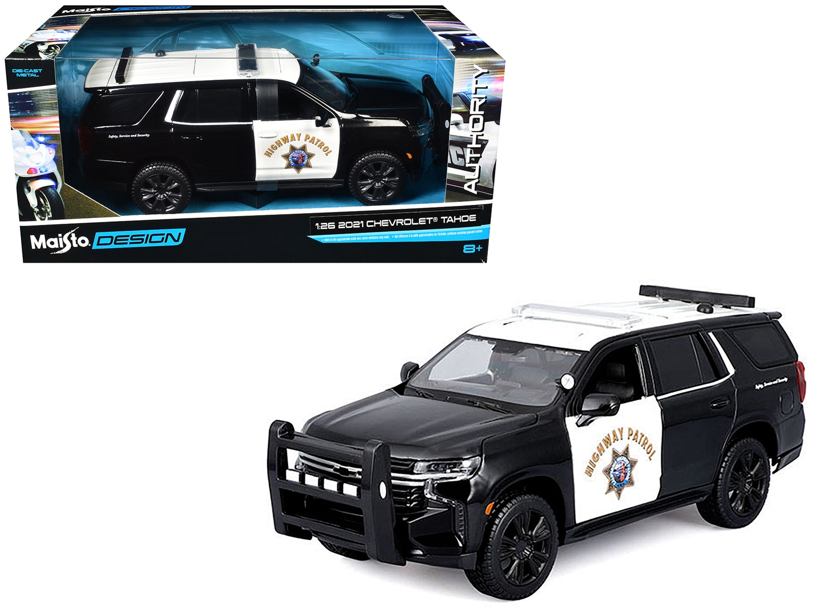 2021 Chevrolet Tahoe California Highway Patrol diecast model car by Maisto, black and white Authority Series, 1/26 scale.