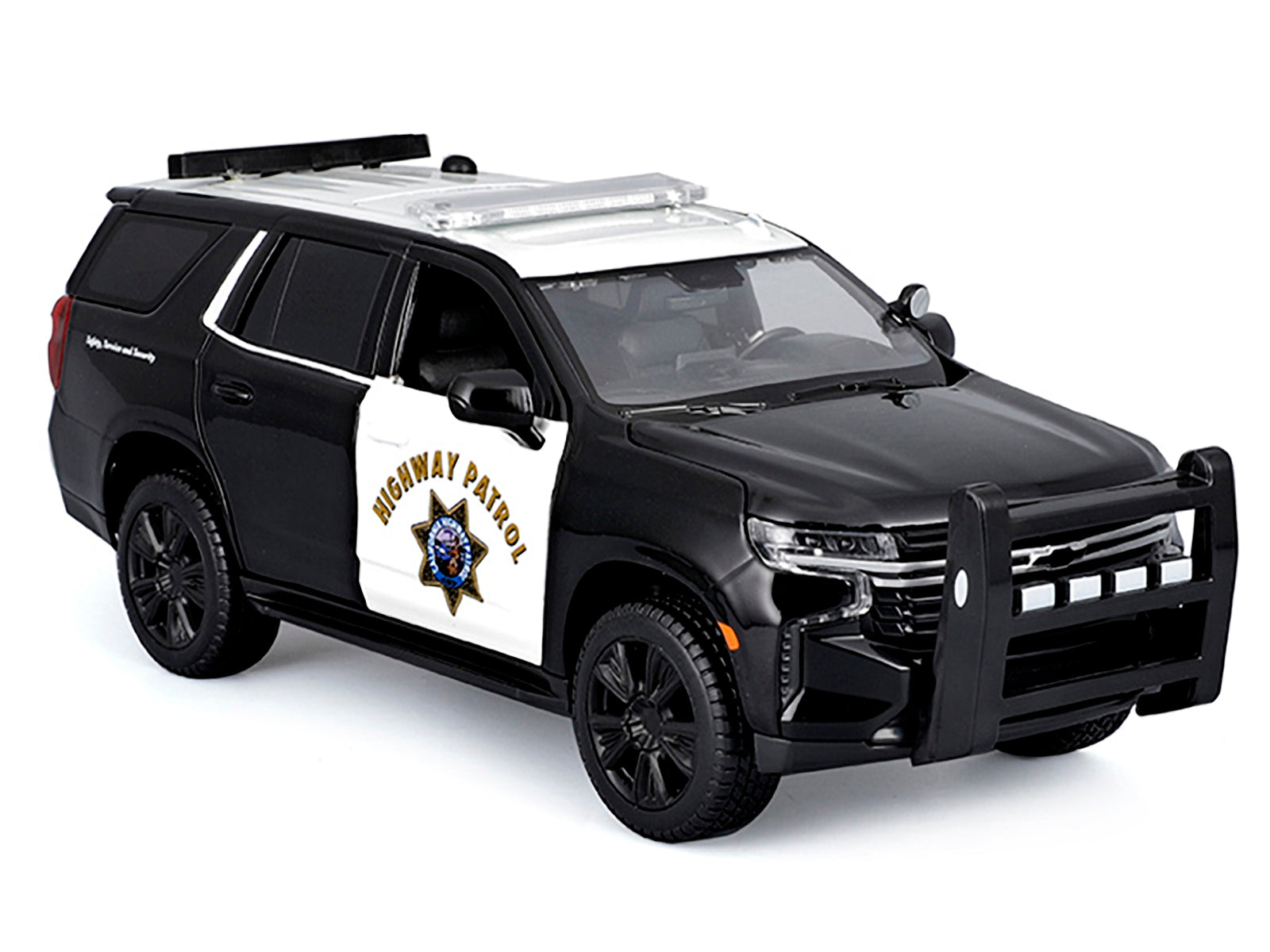 Black and white 2021 Chevrolet Tahoe California Highway Patrol diecast model car by Maisto, detailed Authority Series 1/26 scale.
