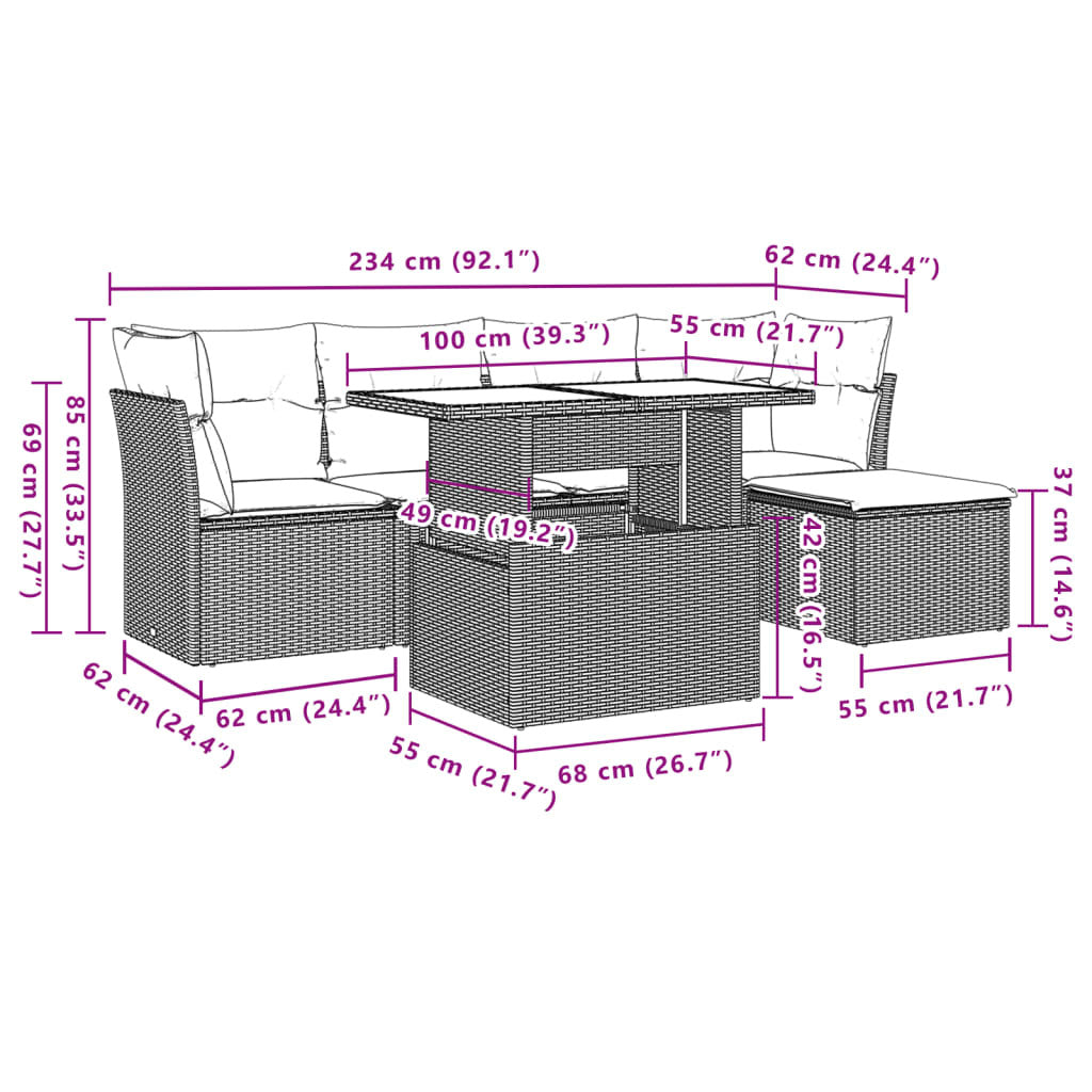 Garden Sofa Set Grey PE rattan, powder-coated steel, tempered glass