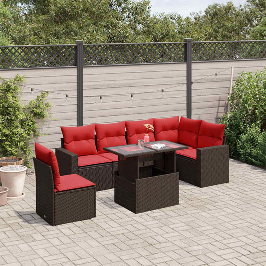 7 Piece Garden Sofa Set with Cushions Brown Poly Rattan