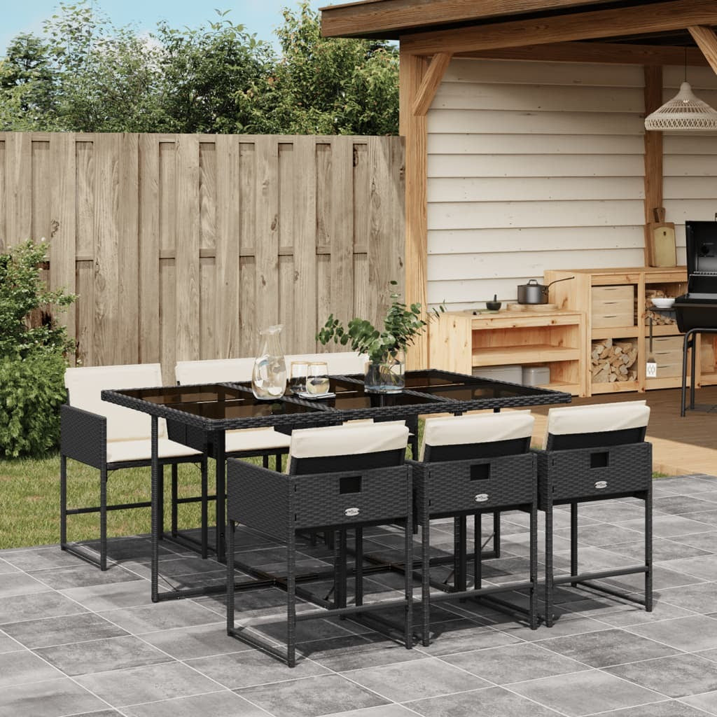 Black poly rattan 7-piece patio dining set with cushions, outdoor furniture by American Smart, perfect for outdoor dining spaces.