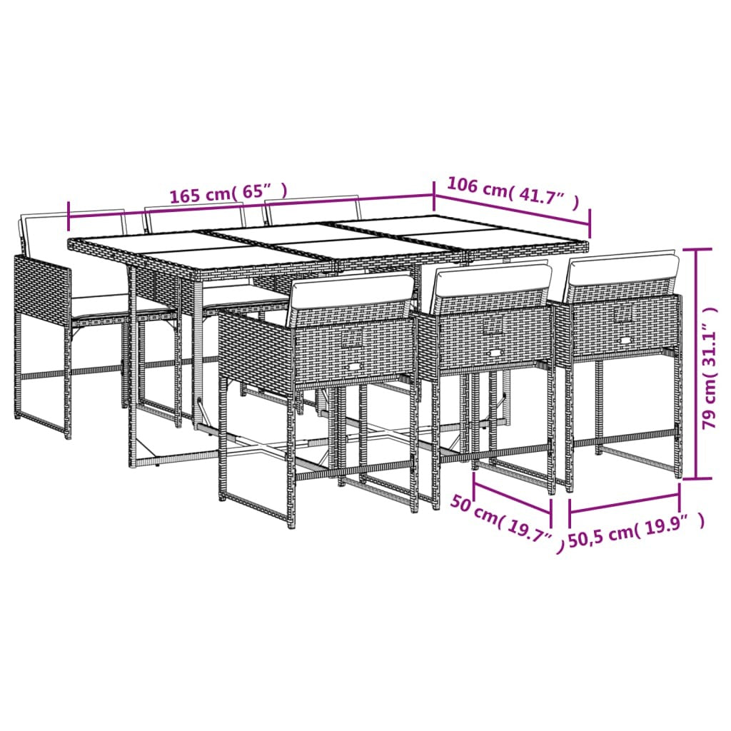 Black poly rattan 7-piece patio dining set with cushions, outdoor furniture by American Smart for garden or patio use.